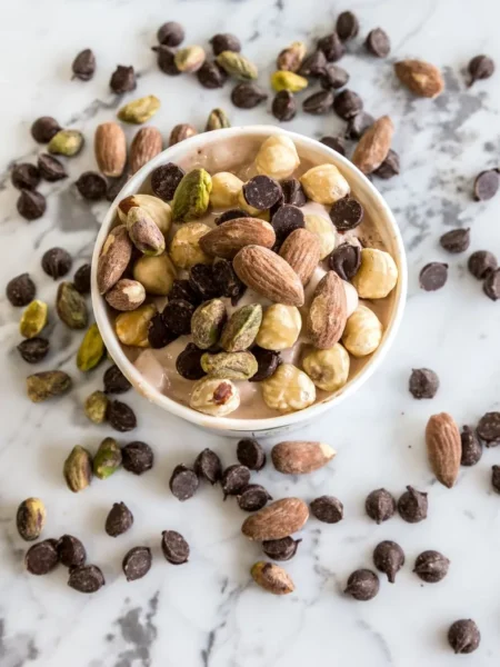 homemade trail mix recipe for hiking with almonds, cashews, dried cranberries, and dark chocolate chips in a hiking bowl