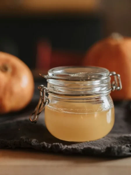 instant pot apple cider in a clear glass mug with cinnamon stick and orange slice on a wooden table