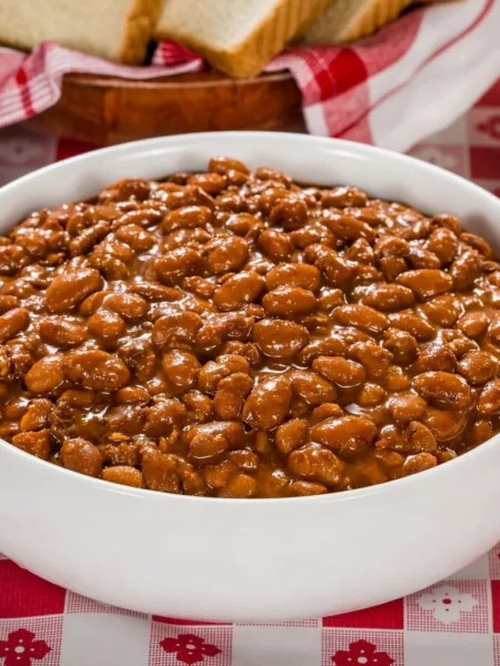instant pot ham and beans in a white bowl with tender navy beans, smoked ham pieces, and broth