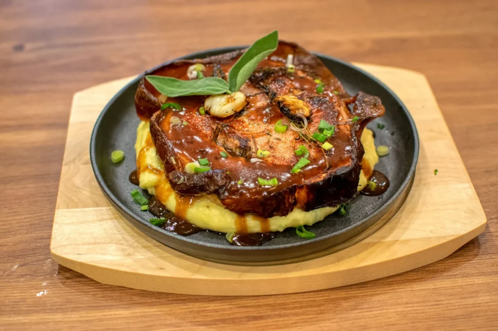 instant pot pork chops recipe juicy with seared bone-in chops in glossy brown gravy and parsley on a white plate