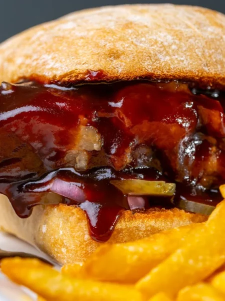 instant pot pulled pork recipe with bbq sauce showing glossy shredded pork shoulder coated in smoky barbecue sauce on a white plate