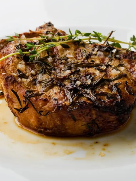 keto pork chops seared golden in a cast iron skillet with herb butter garlic and thyme