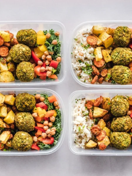 meal prep lunch bowls for the work week with brown rice, roasted broccoli, chicken, tofu, and tahini sauce in clear containers
