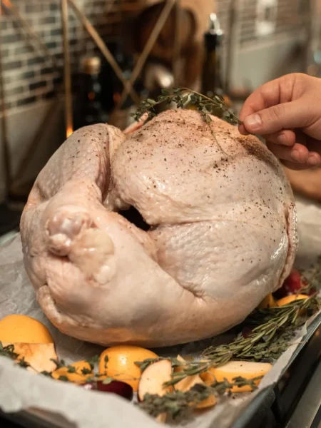 roast turkey recipe with golden crisp skin, lemon and herb butter, carved breast on a rimmed pan