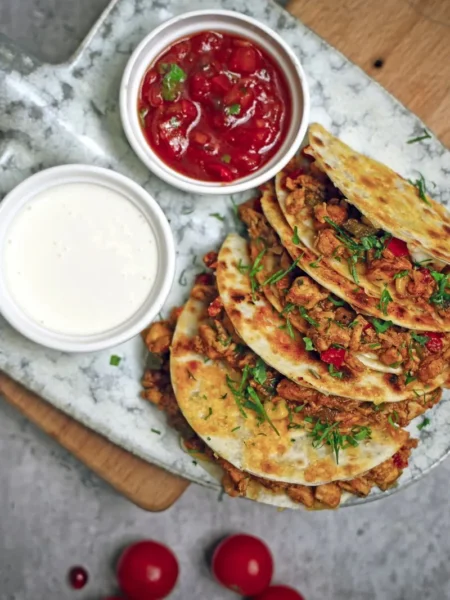Sheet Pan Buffalo Chicken Quesadillas
