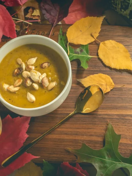 slow cooker pumpkin and sweet potato soup in a white bowl with cream swirl and pepitas on top