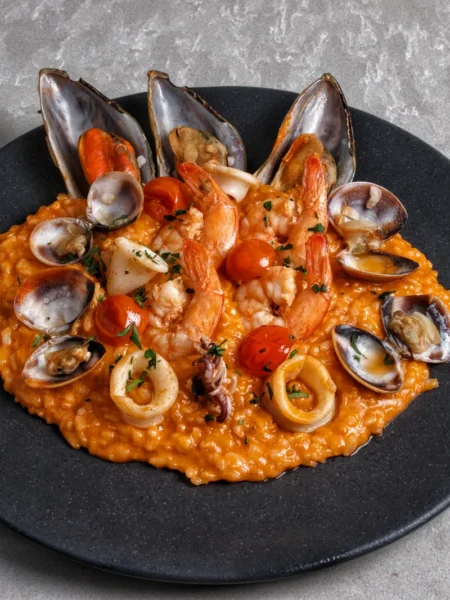 spanish style seafood risotto in a wide pan with pink prawns, open mussels, squid rings, and saffron rice