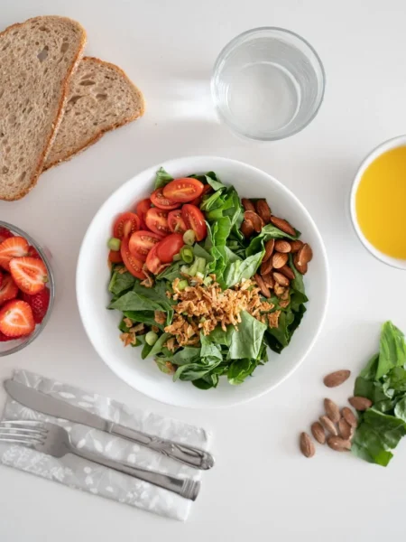 spinach and arugula salad in a white bowl with toasted almonds and shaved parmesan