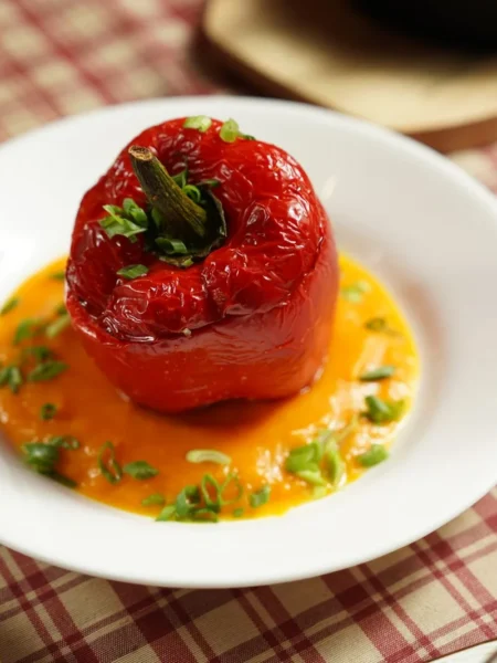 stuffed bell pepper casserole with diced sweet peppers, browned beef, white rice, and melted cheddar in a baking dish