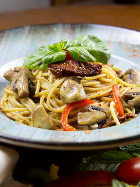 sun dried tomato pasta with linguine in a creamy garlic parmesan sauce topped with basil in a skillet